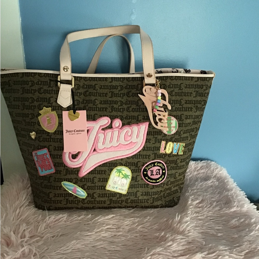NWT Juicy Couture Brown Logo Fabric Tote with Pink and Cream Accents and Charms